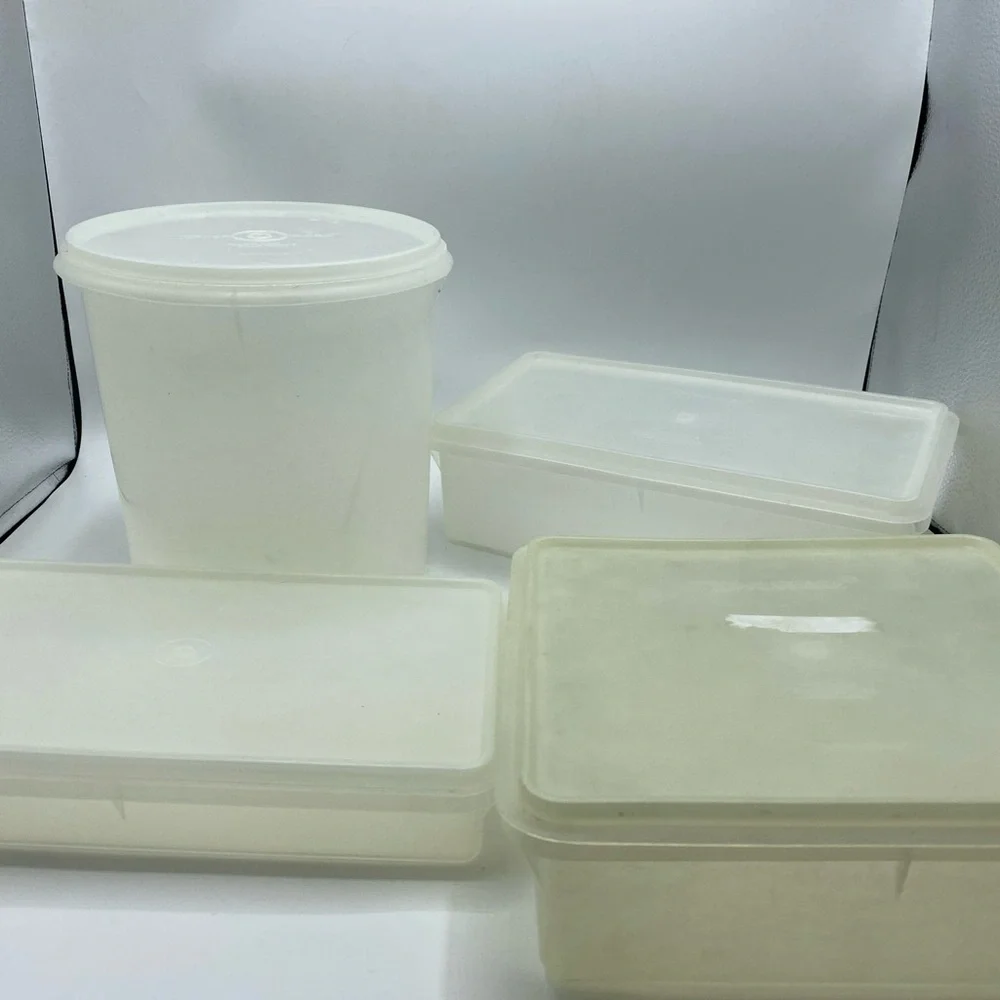 Vintage Tupperware Lot Tall Round Rectangle Containers Off Sheer WHITE 8 Piece